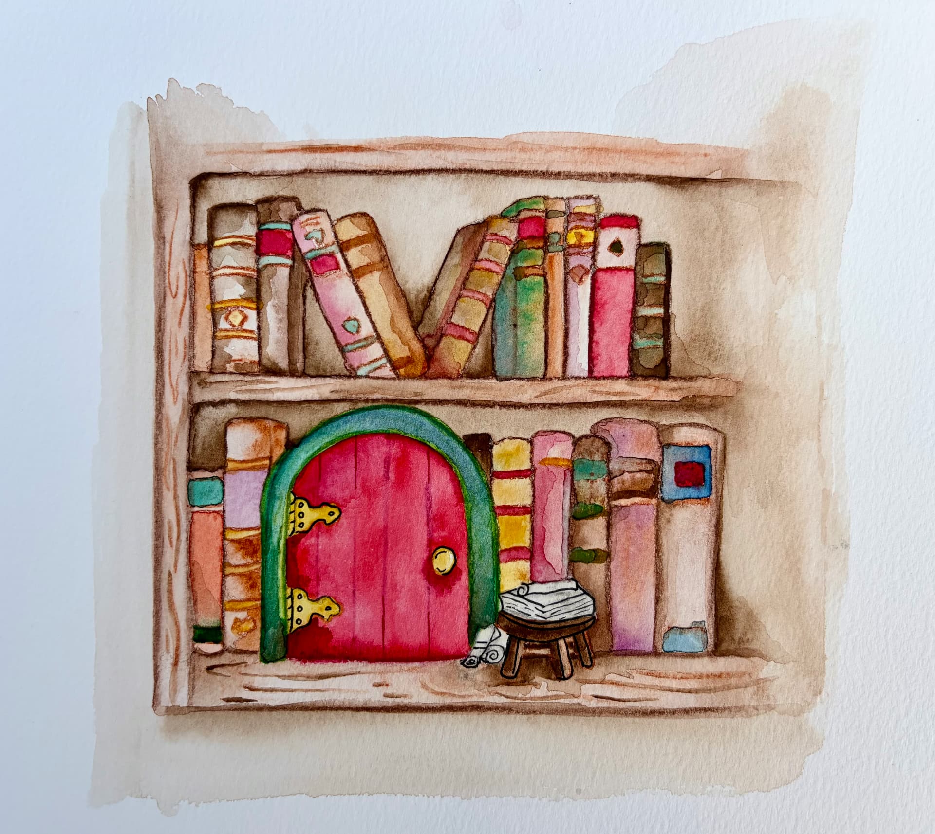 A watercolor page from the storybook showing the red Julenissen door tucked into a bookshelf