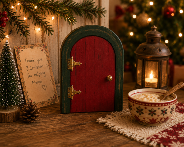 The hand-painted red Julenissen door beside a kindness note, candle lantern, and bowl of rice porridge